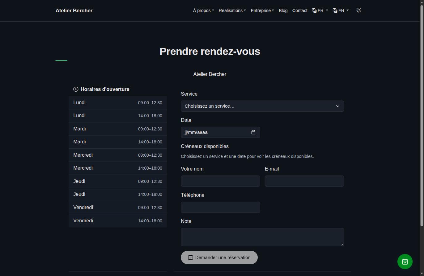 The public booking page: opening hours on the left, and a form — service, date, available slots, name, email, phone, note.